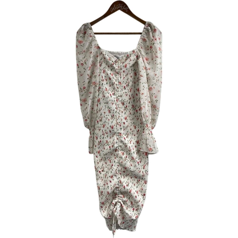 Reverse White Floral Print Dress SquareNeck PuffSleeve Mini Smocked Cinched Side